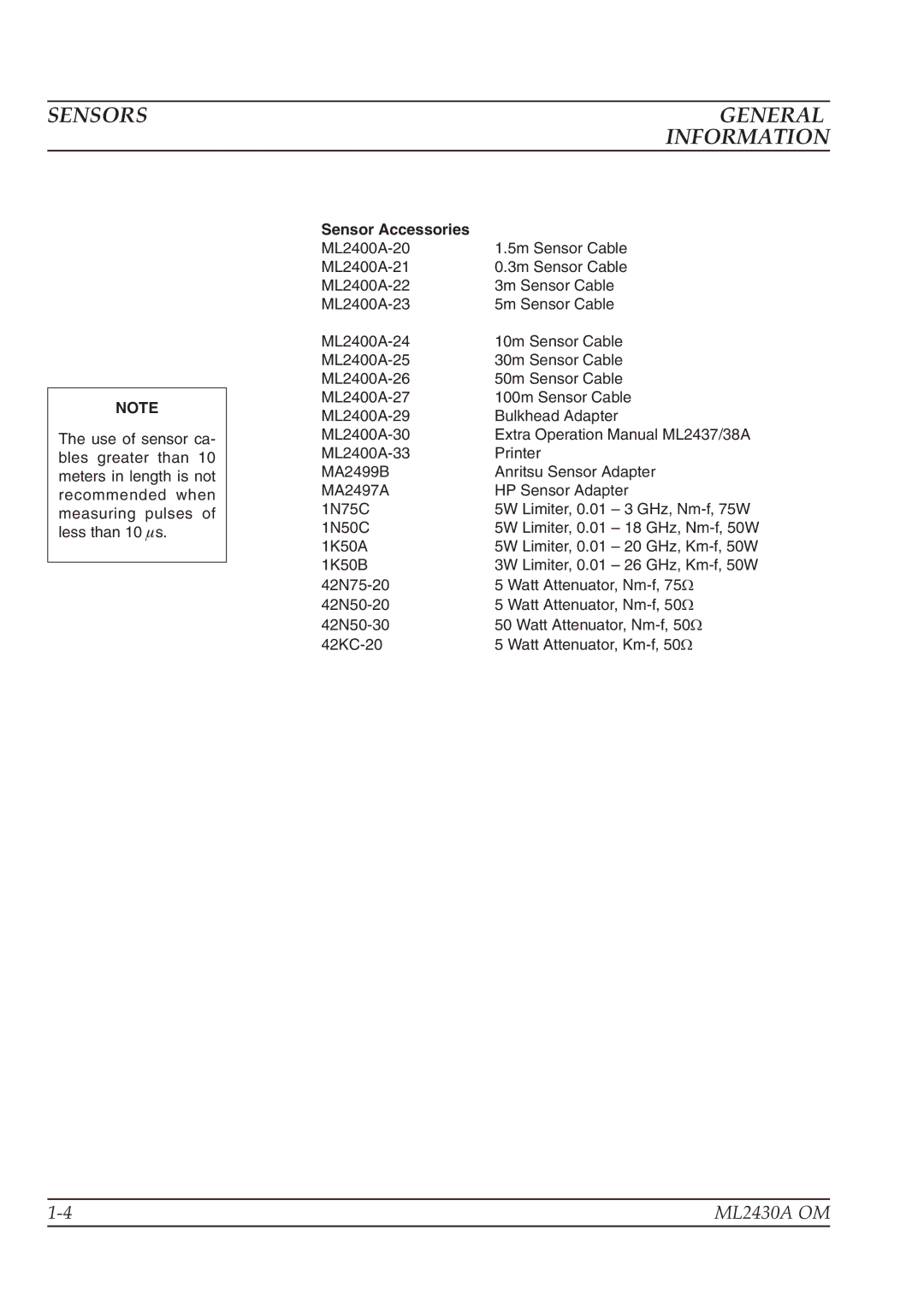 Anritsu ML2430A operation manual Sensors General, Sensor Accessories 