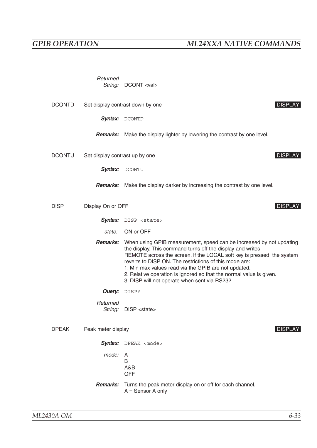 Anritsu ML2430A operation manual Syntax Dcontd, Syntax Dcontu, Query DISP?, Mode a B A&B 