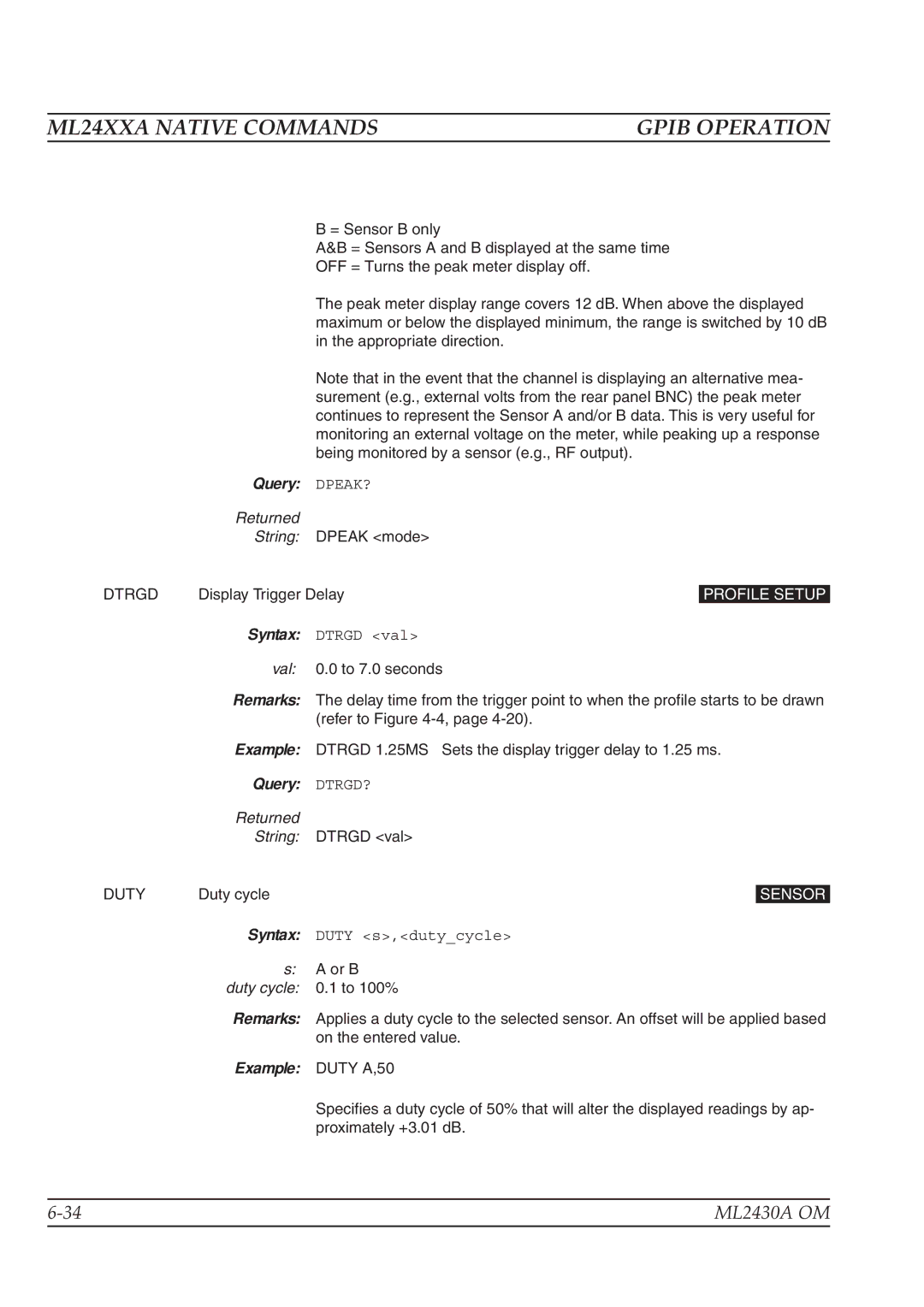 Anritsu ML2430A operation manual Query DPEAK?, Query DTRGD?, Duty cycle 0.1 to 100%, Example Duty A,50 