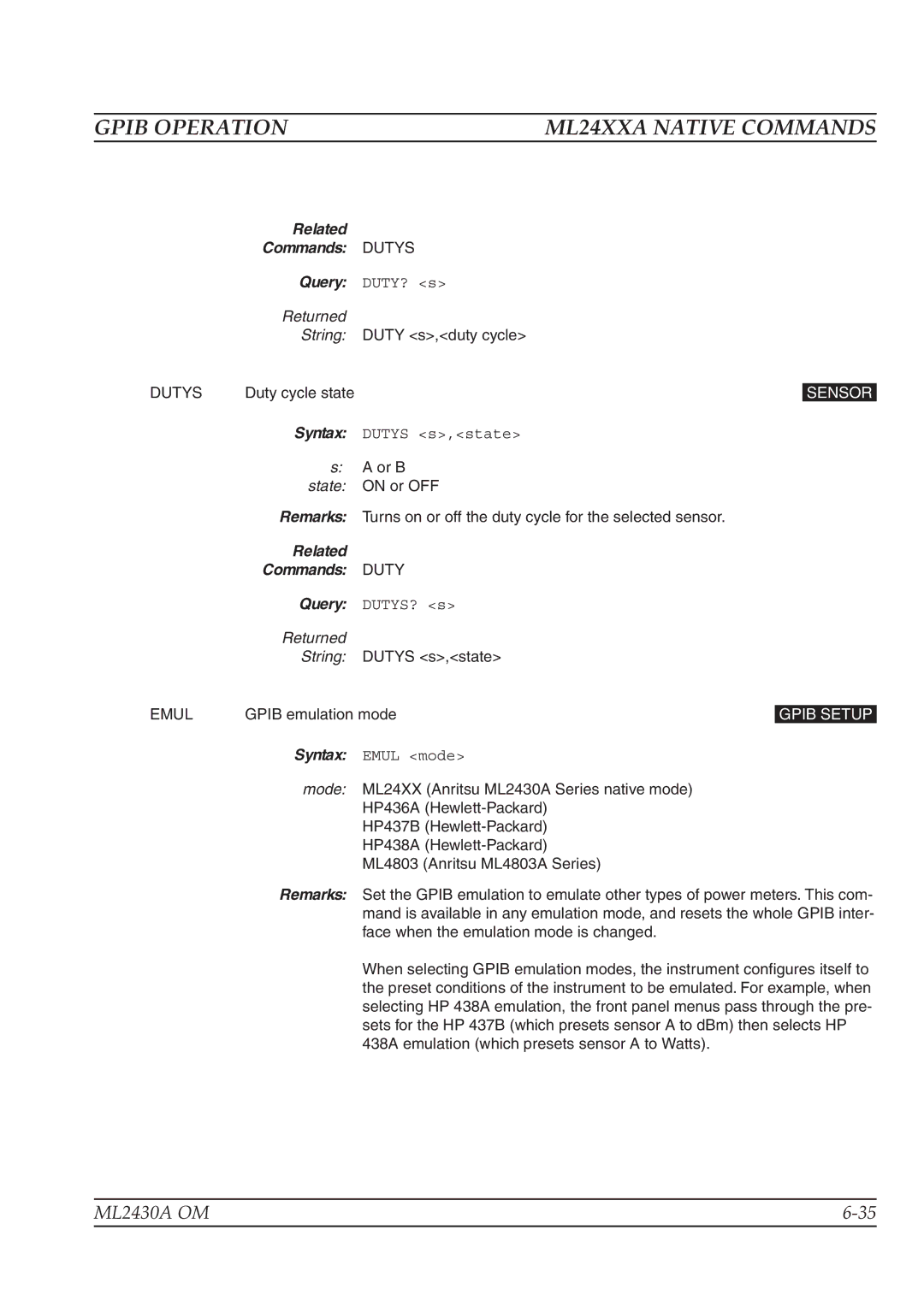 Anritsu ML2430A operation manual Related Commands Dutys, Emul 