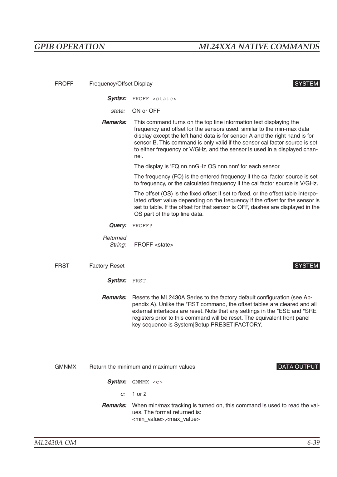 Anritsu ML2430A operation manual Froff, Query FROFF?, Syntax Frst 