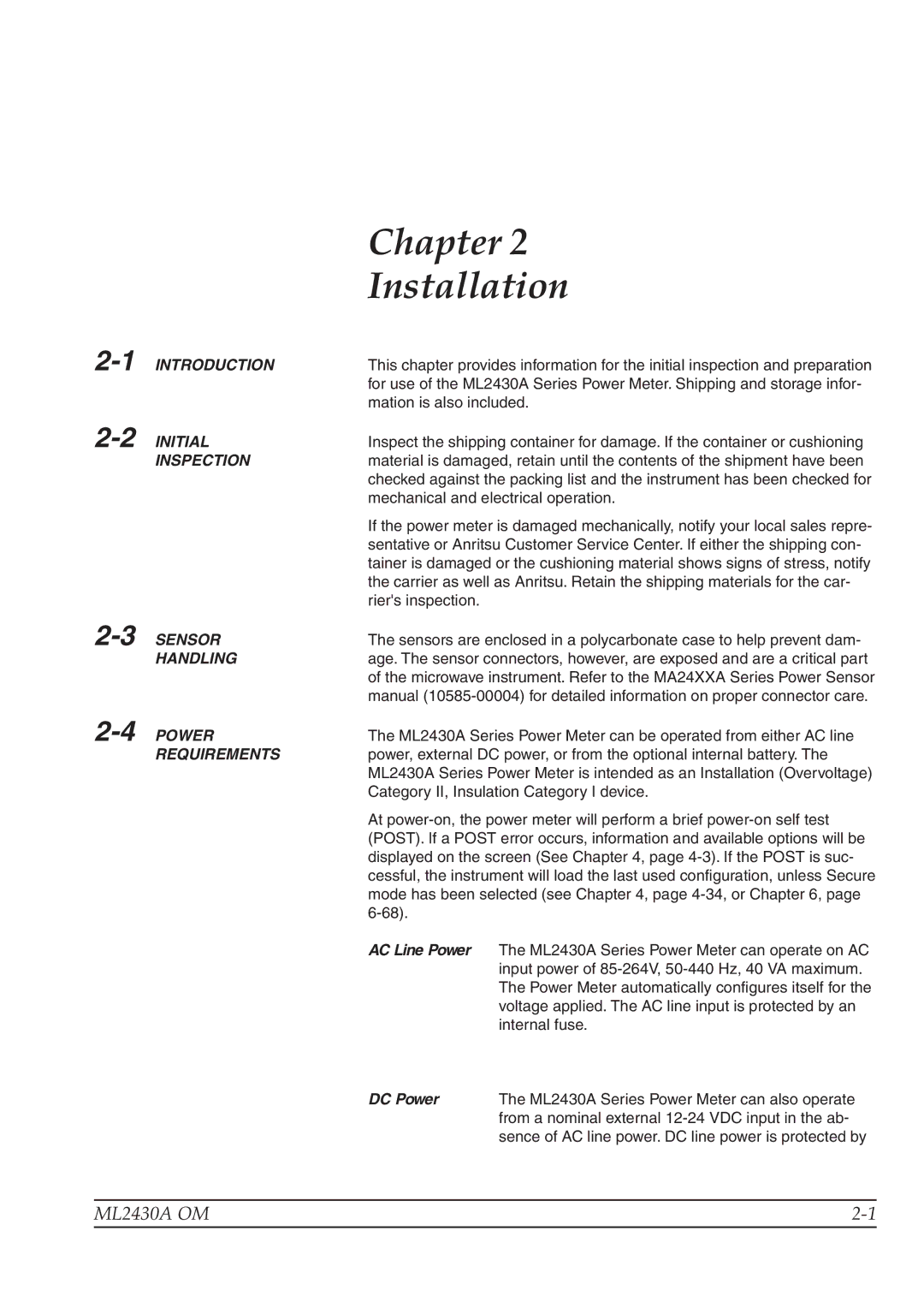 Anritsu ML2430A operation manual Initial, Inspection, Sensor, Handling, Power, Requirements 