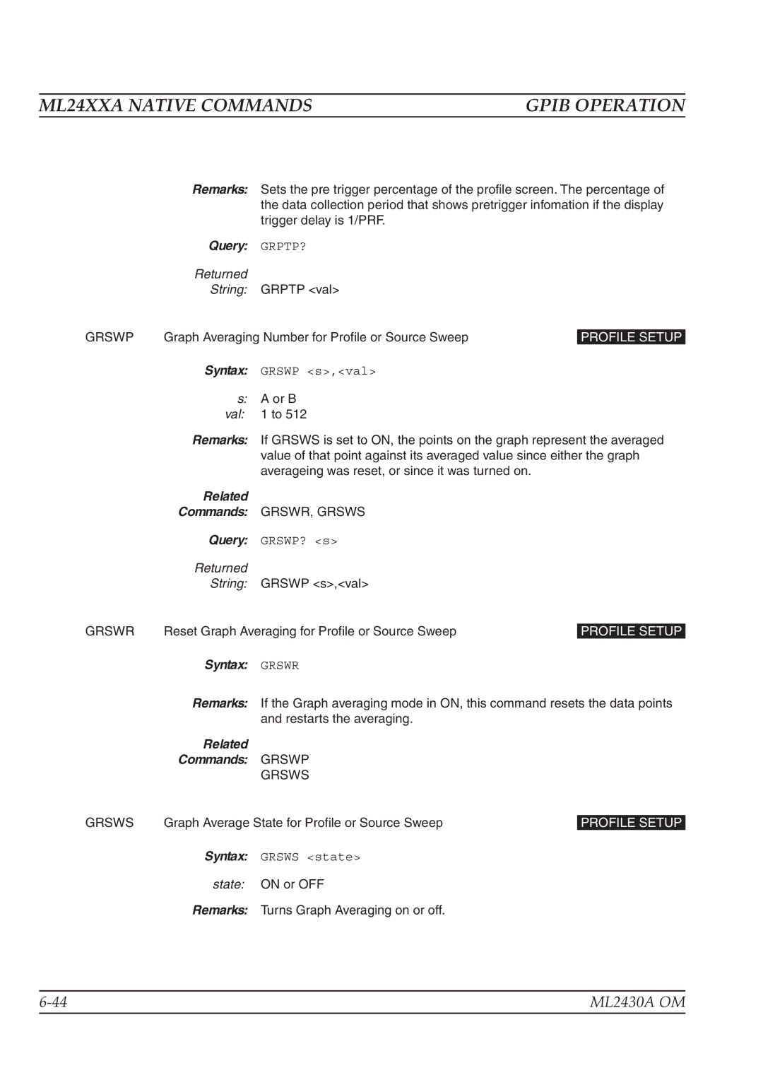 Anritsu ML2430A operation manual Query GRPTP?, Syntax Grswr, Related Commands Grswp 