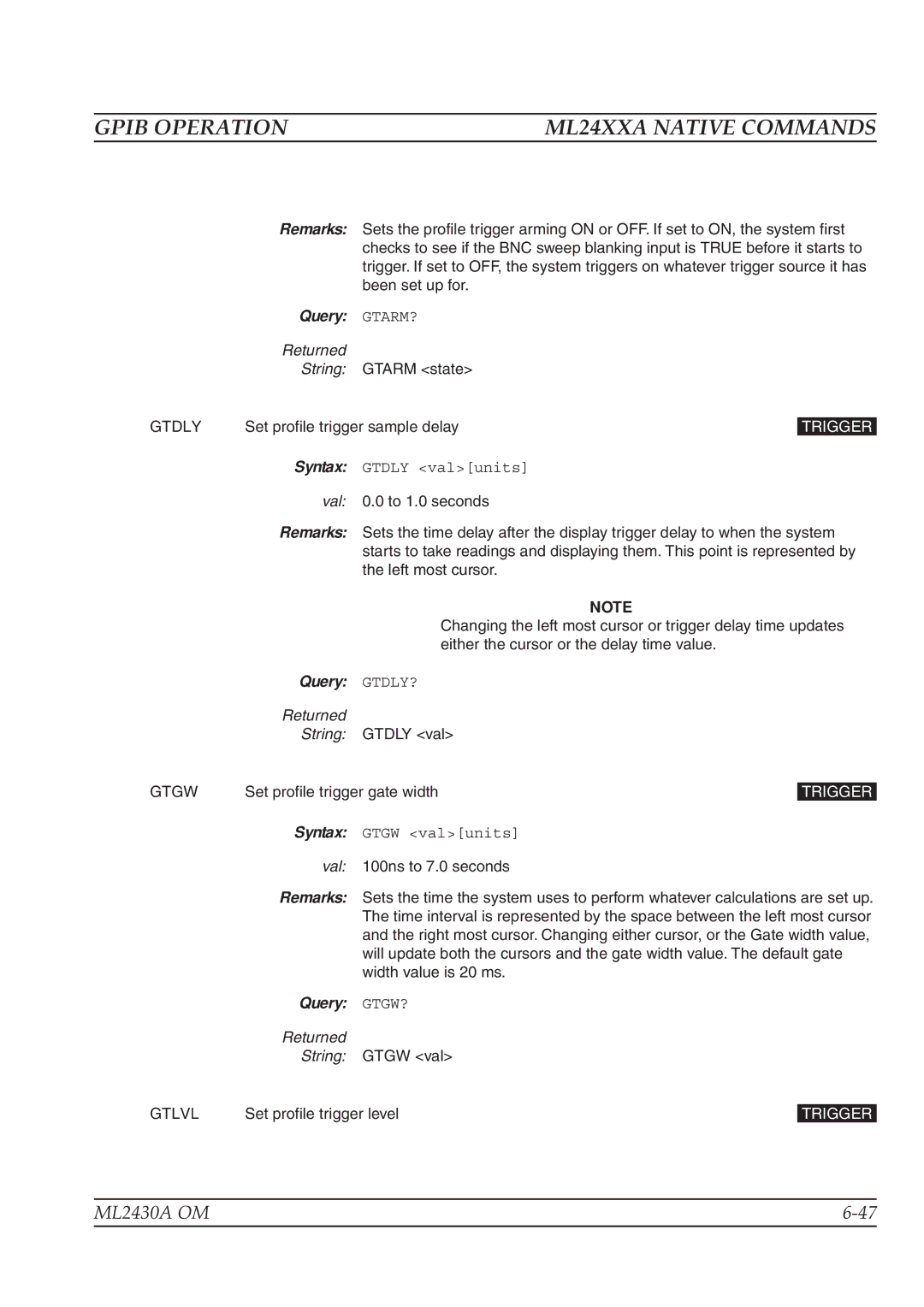 Anritsu ML2430A operation manual Query GTARM?, Query GTDLY?, Query GTGW? 