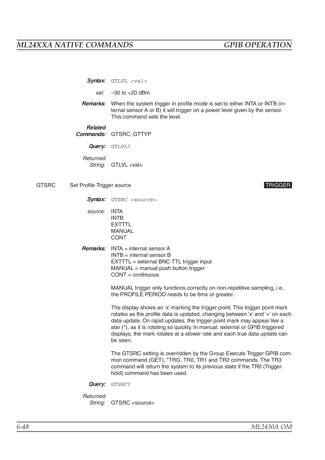 Anritsu ML2430A operation manual Query GTLVL?, Gtsrc, Query GTSRC? 