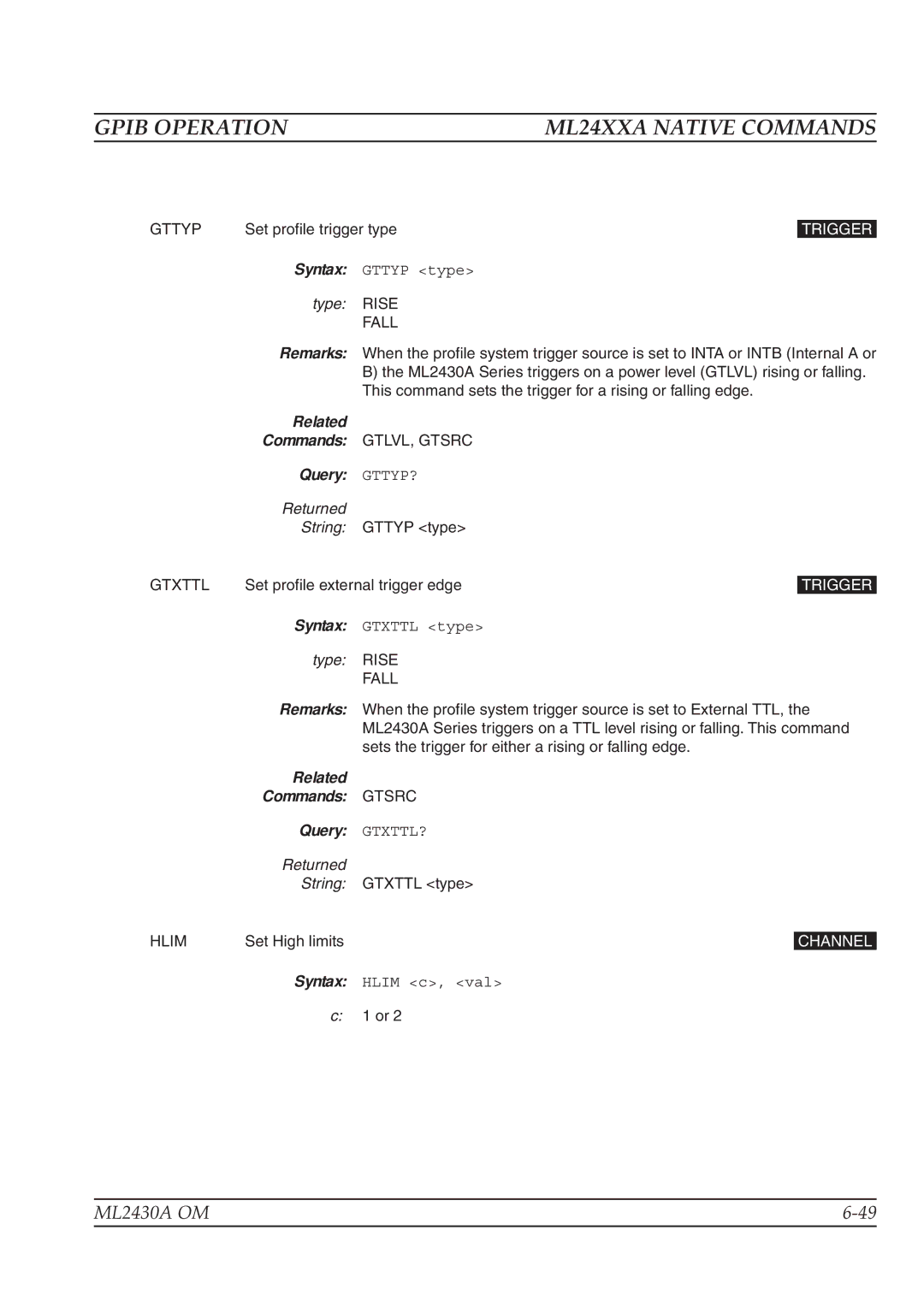 Anritsu ML2430A operation manual Type Rise Fall, Query GTTYP?, Related Commands Gtsrc Query GTXTTL? 