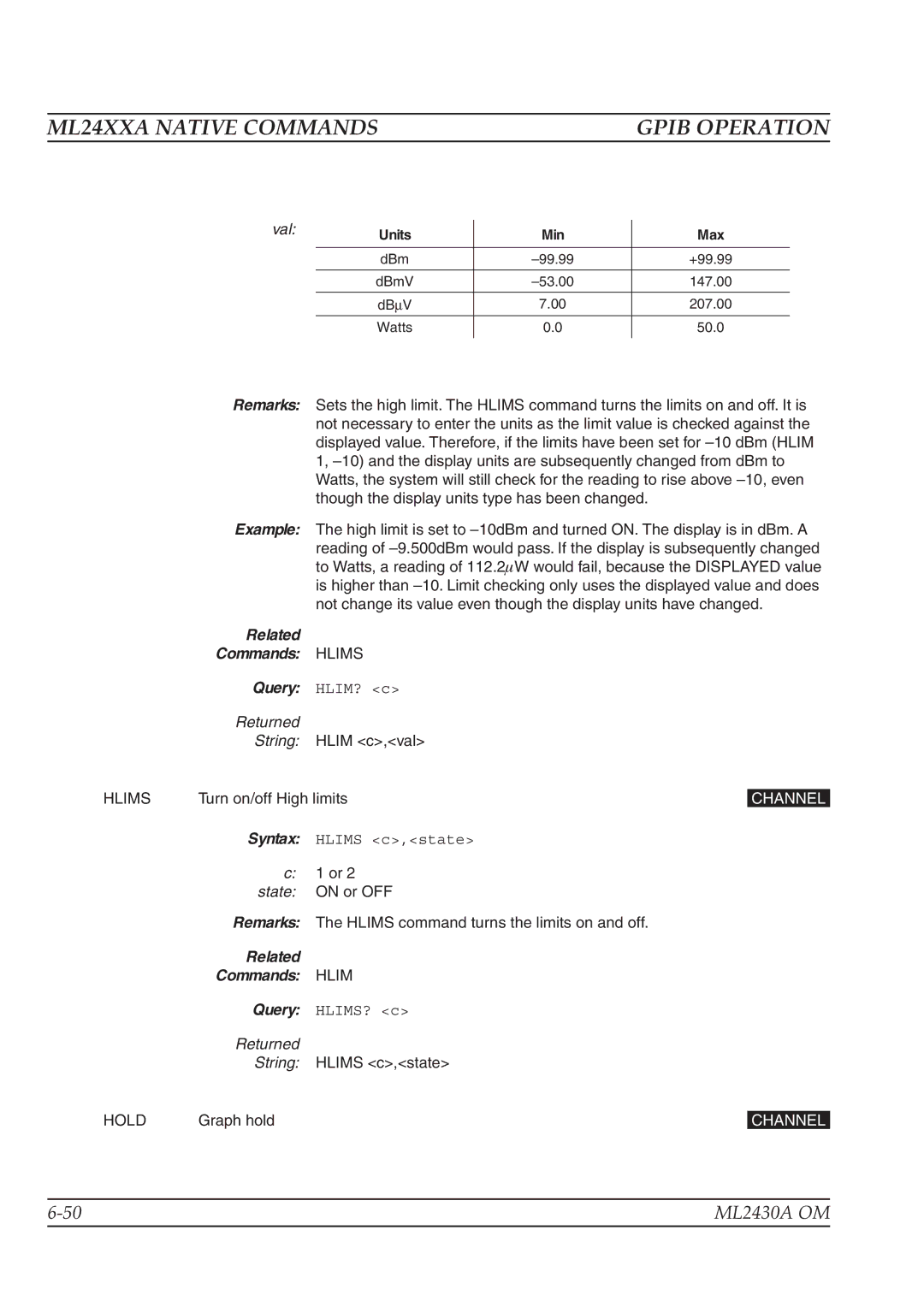 Anritsu ML2430A operation manual Related Commands Hlims, Hold 