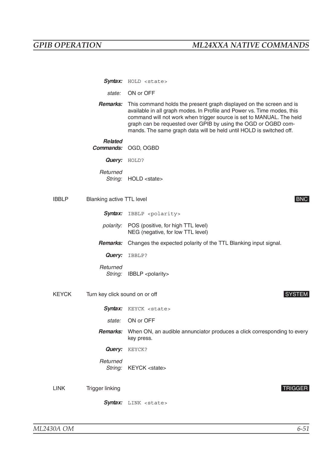 Anritsu ML2430A operation manual Related Commands OGD, Ogbd Query HOLD?, Query IBBLP?, Query KEYCK? 