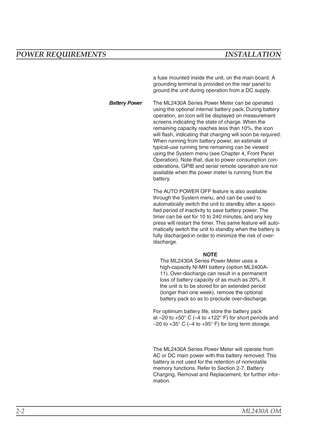 Anritsu ML2430A operation manual Power Requirements, Installation 