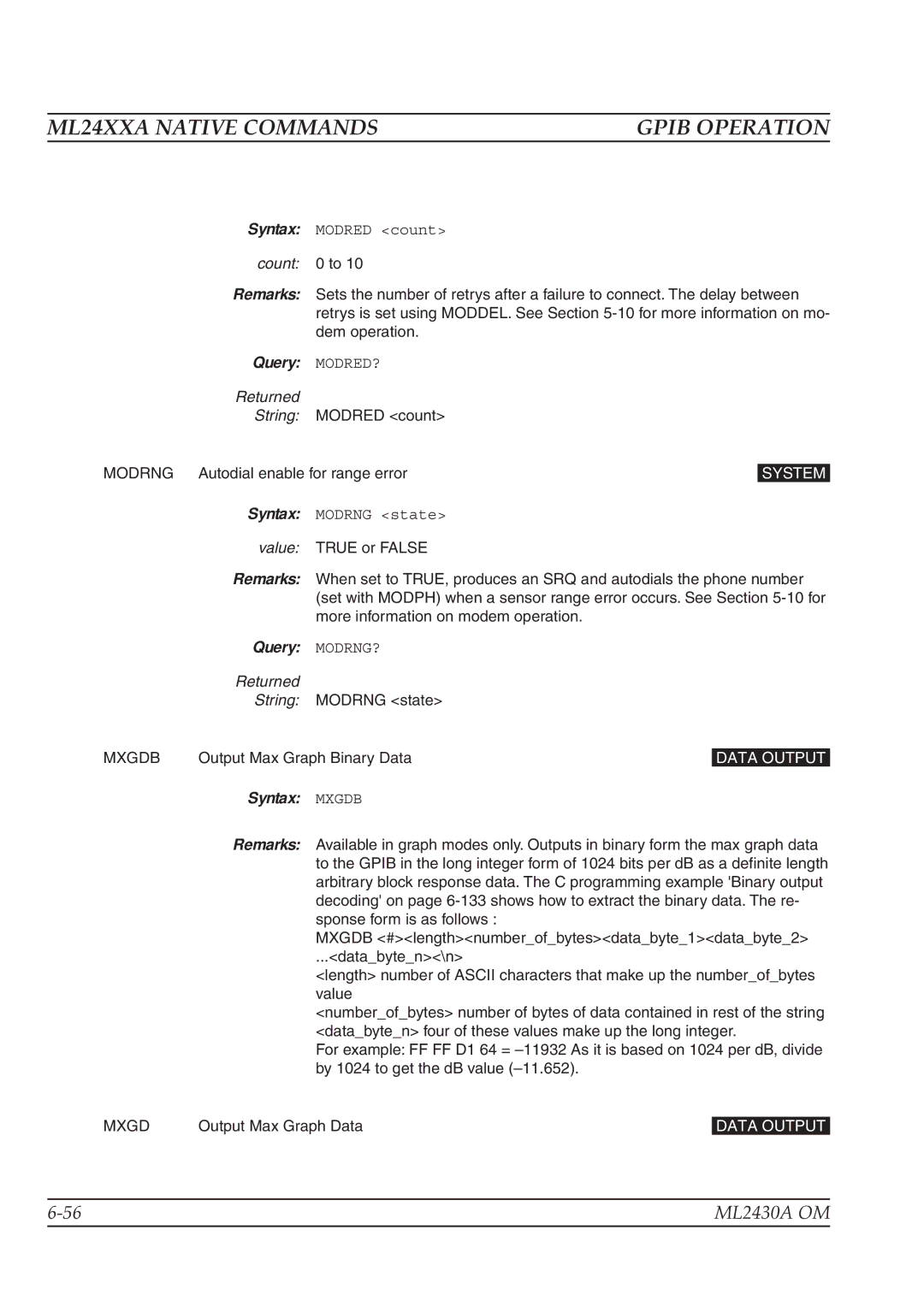 Anritsu ML2430A operation manual Count 0 to, Query MODRED?, Query MODRNG?, Syntax Mxgdb 