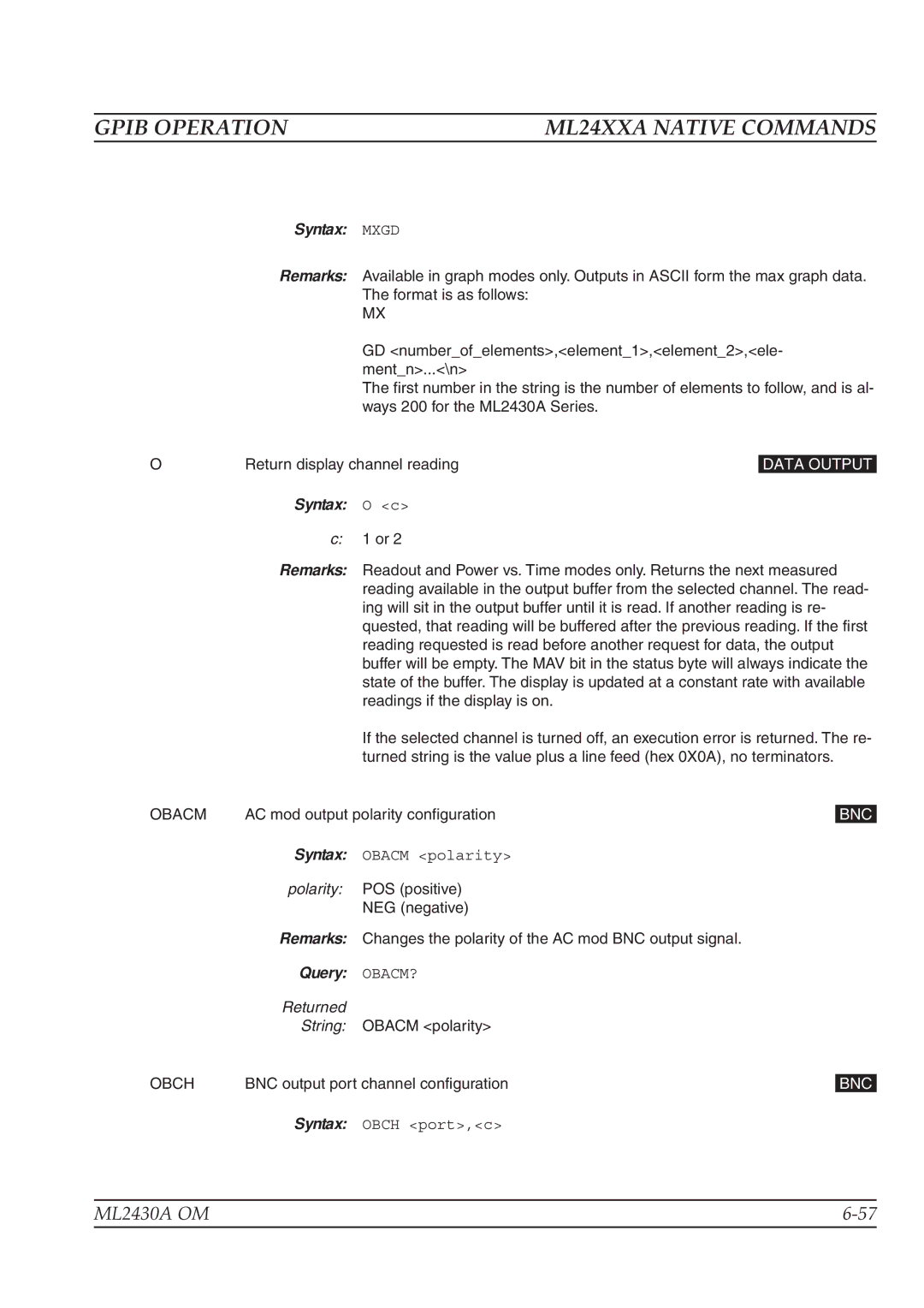 Anritsu ML2430A operation manual Syntax Mxgd, Syntax O c, Obacm, Query OBACM?, Obch 