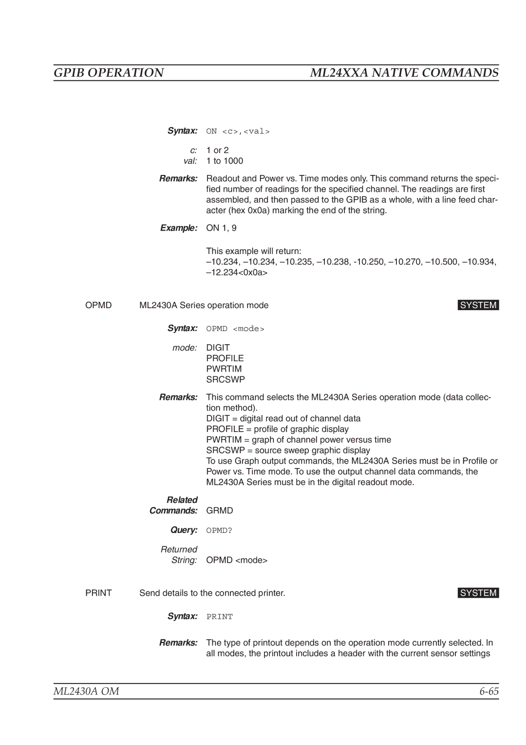 Anritsu ML2430A Example on 1, Opmd, Mode Digit Profile Pwrtim Srcswp, Related Commands Grmd Query OPMD?, Syntax Print 