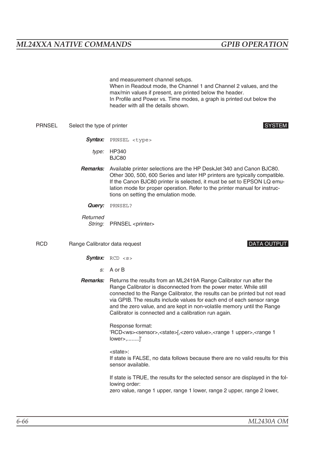 Anritsu ML2430A operation manual Prnsel, Type HP340 BJC80, Query PRNSEL?, Rcd, Syntax RCD s 