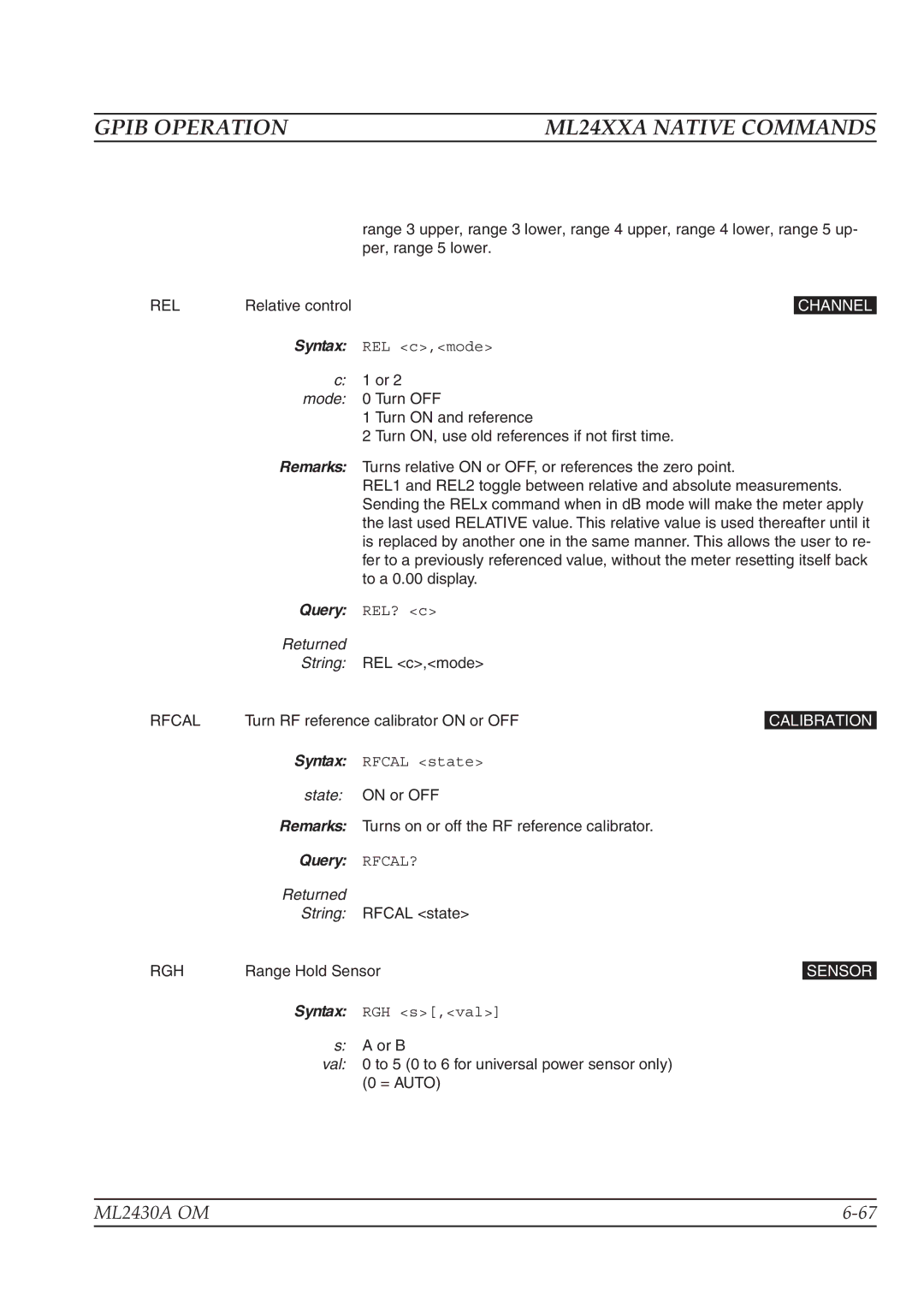 Anritsu ML2430A operation manual Rel, Rfcal, Query RFCAL? 