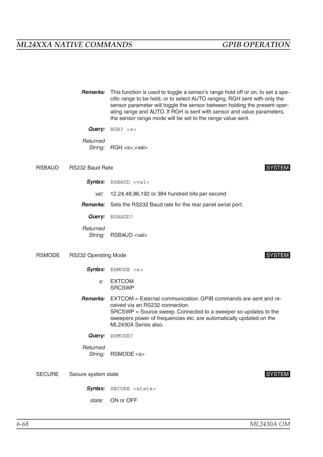 Anritsu ML2430A operation manual Query RSBAUD?, Query RSMODE? 