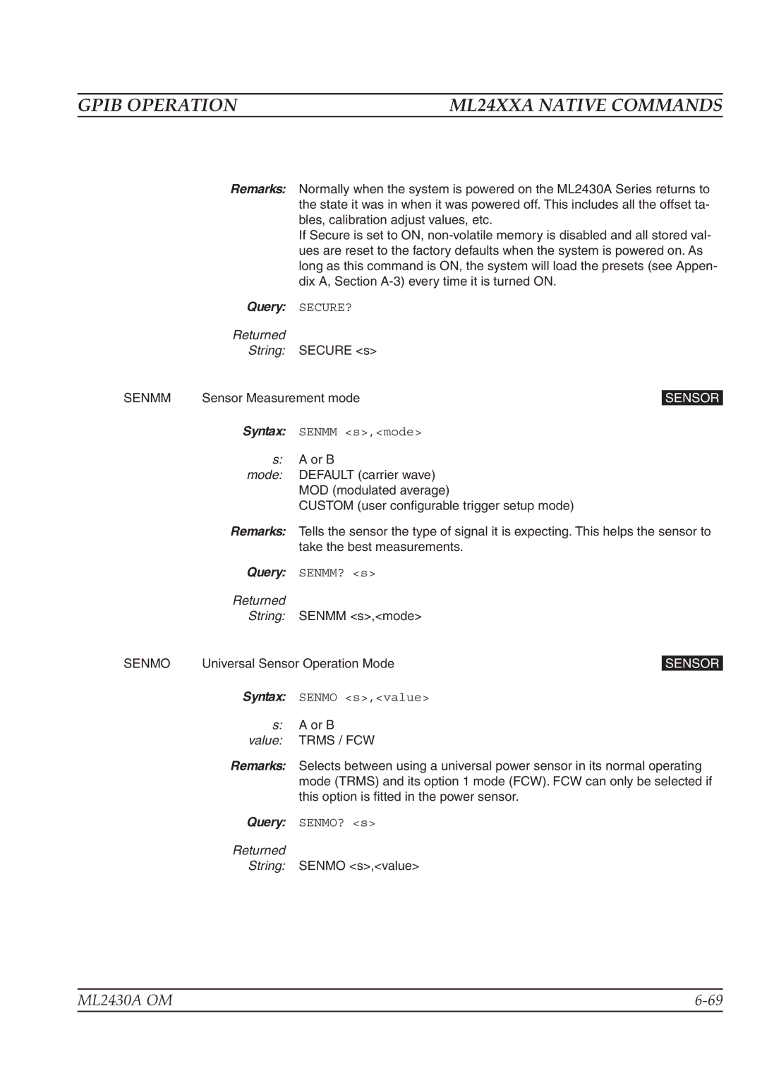 Anritsu ML2430A operation manual Query SECURE?, Senmm, Senmo 