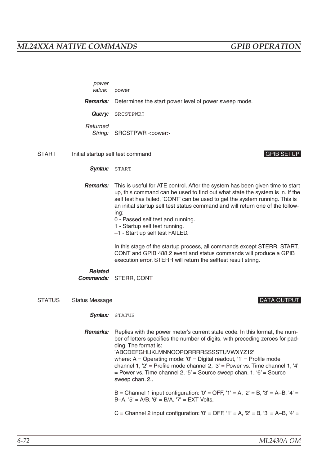 Anritsu ML2430A operation manual Power Value power, Syntax Start, Syntax Status 