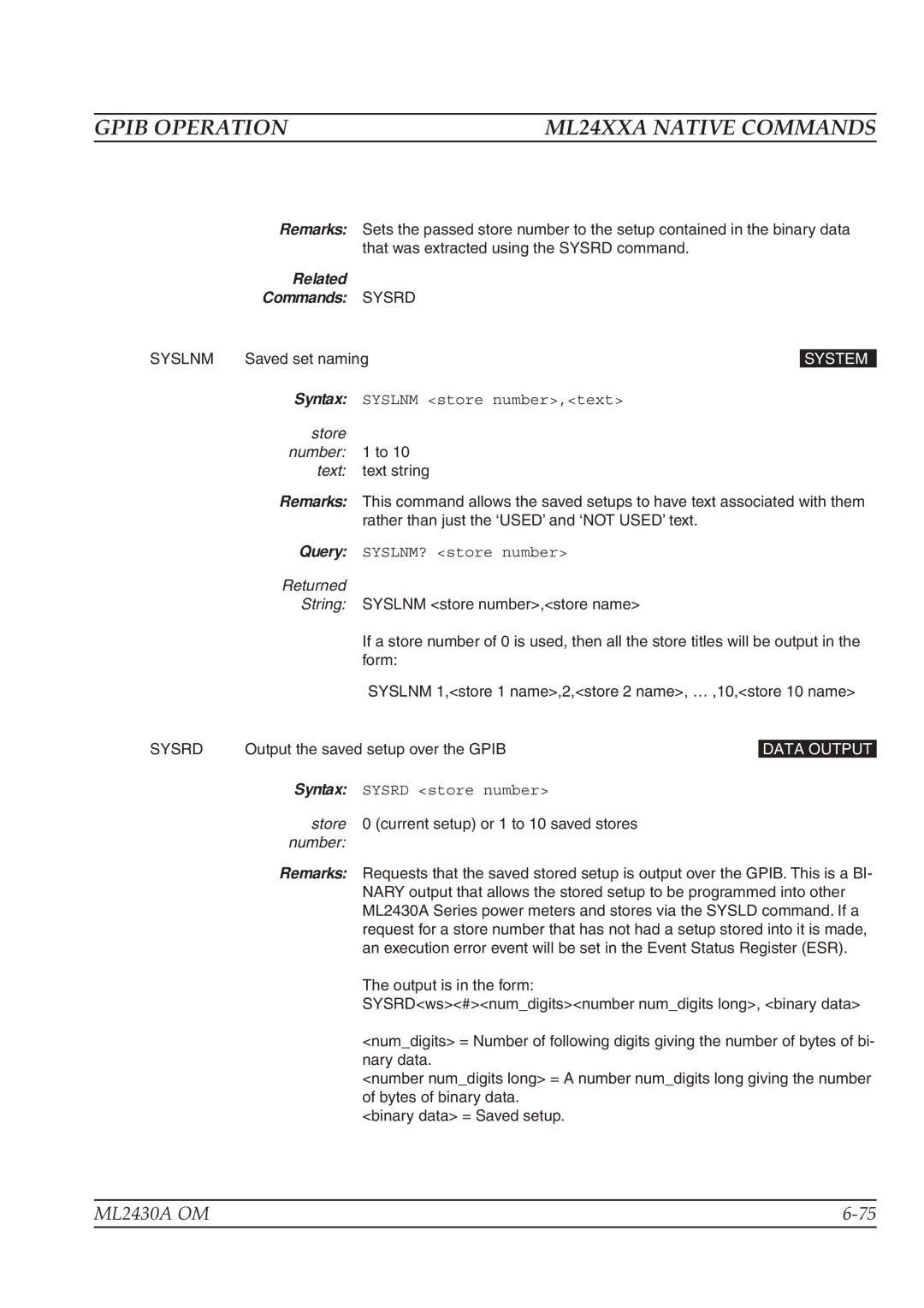 Anritsu ML2430A operation manual Related Commands Sysrd, Store number 1 to 