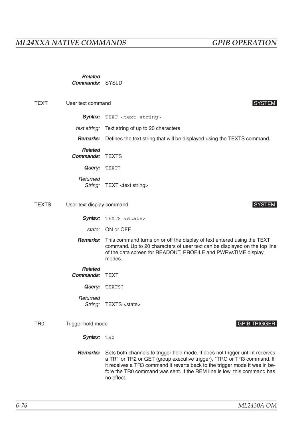 Anritsu ML2430A Related Commands Sysld, Related Commands Texts Query TEXT?, Related Commands Text Query TEXTS?, Syntax TR0 