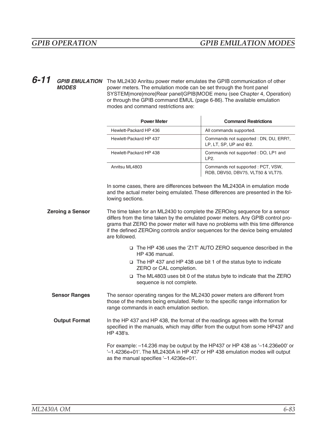 Anritsu ML2430A operation manual Gpib Emulation Modes, 11GPIB Emulation, Zeroing a Sensor 