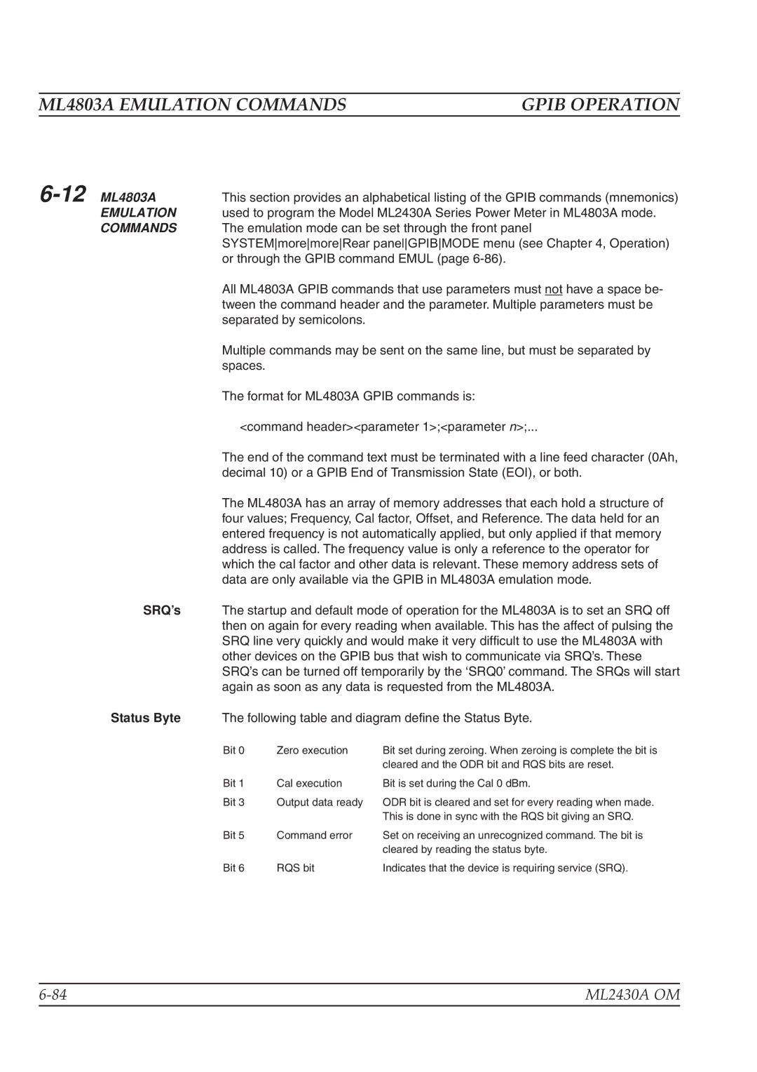 Anritsu ML2430A operation manual ML4803A Emulation Commands, 12ML4803A, SRQ’s, Status Byte 