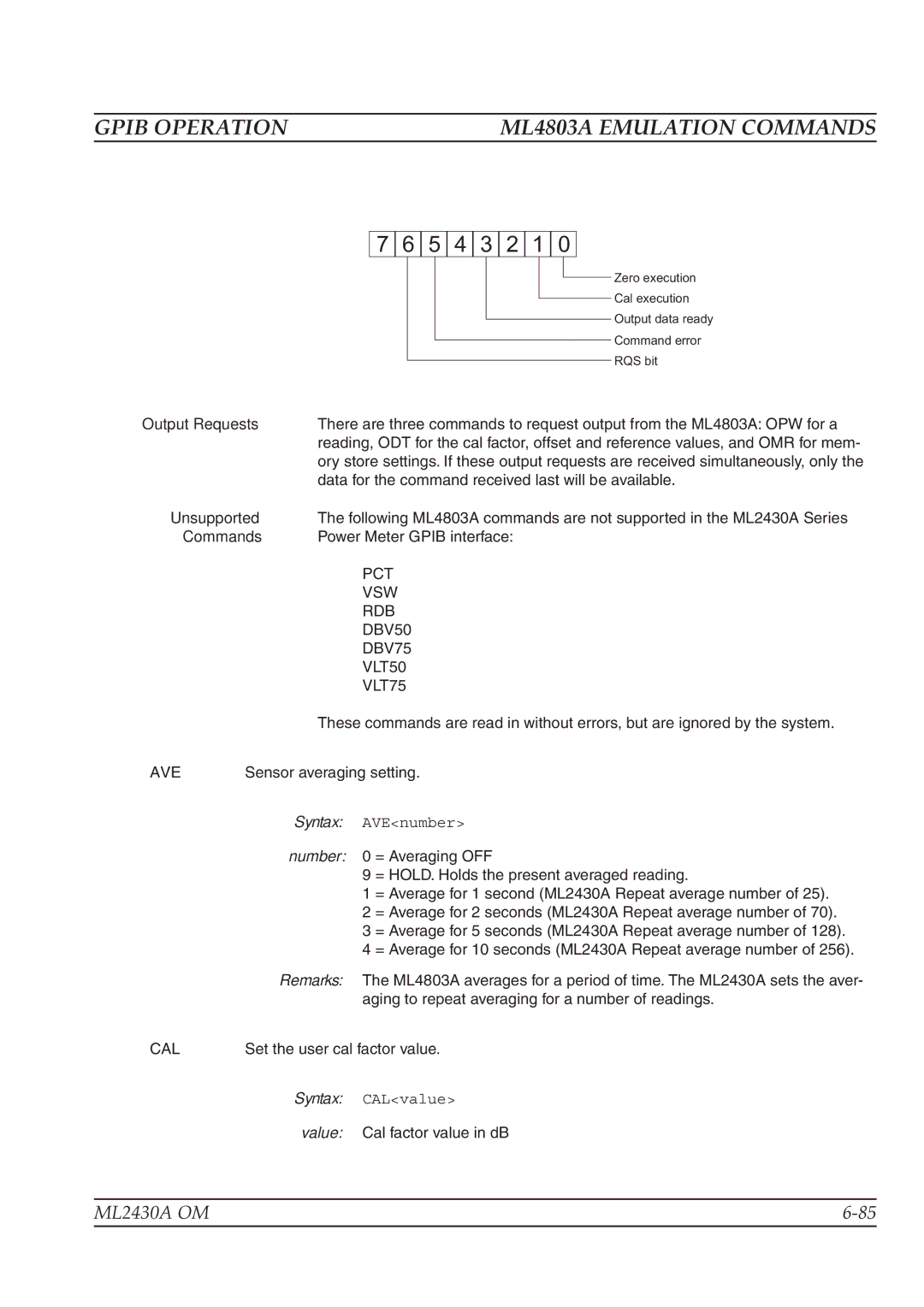 Anritsu ML2430A operation manual ML4803A Emulation Commands, PCT VSW RDB DBV50 DBV75 VLT50 VLT75, Ave, Number 