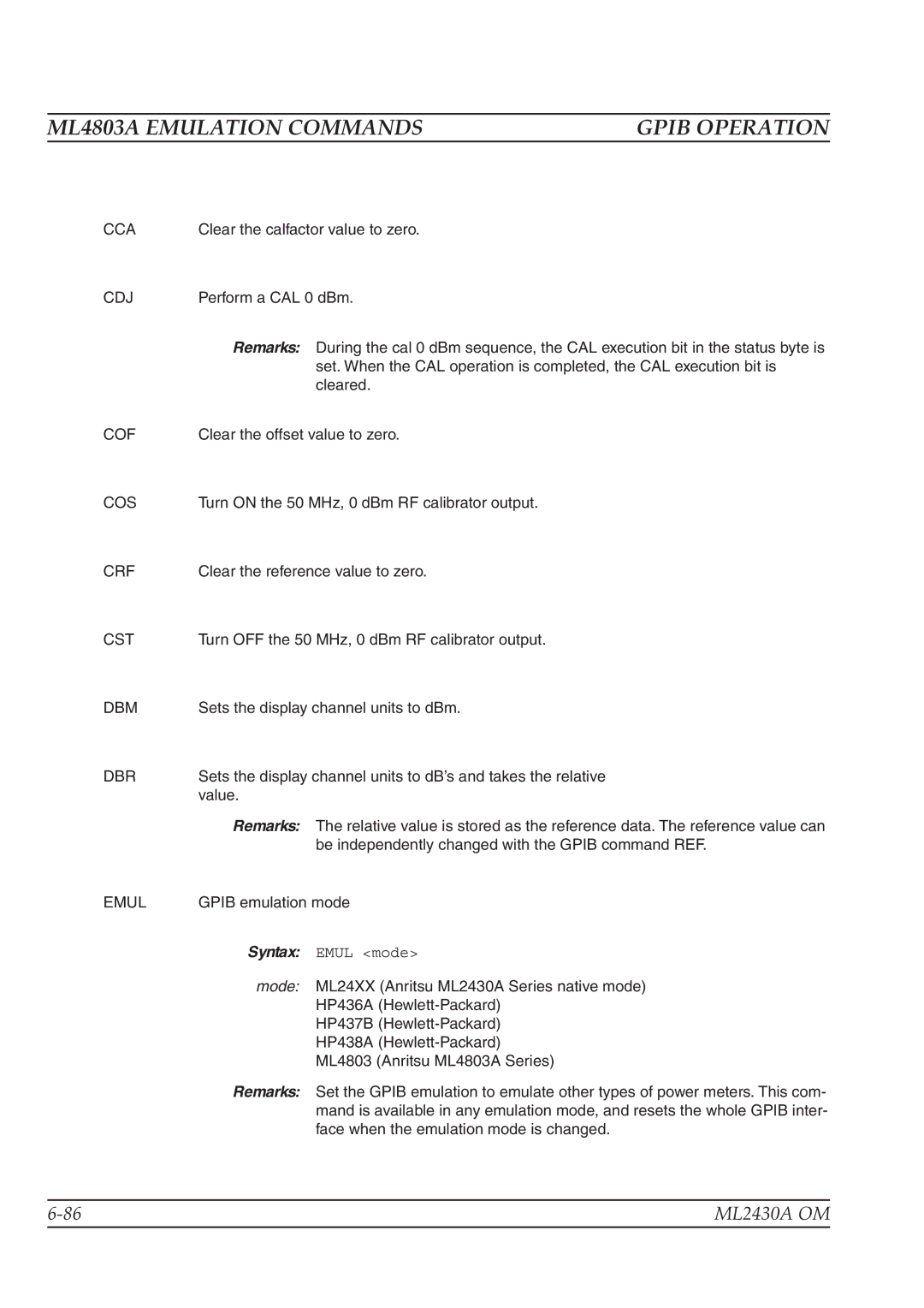 Anritsu ML2430A operation manual Cca, Cdj, Cof, Cos, Crf, Cst, Dbm, Dbr 