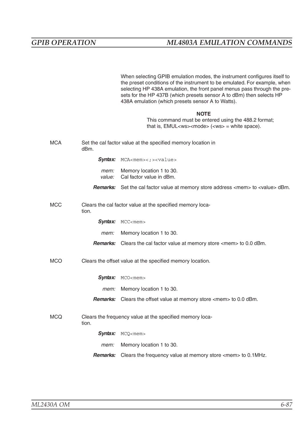 Anritsu ML2430A operation manual Mca, Mem, Mcc, Mco, Mcq 