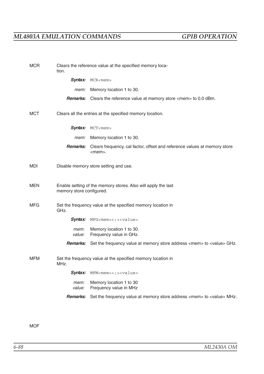 Anritsu ML2430A operation manual Mcr, Mct, Mdi, Men, Mfg, Mfm, Mof 