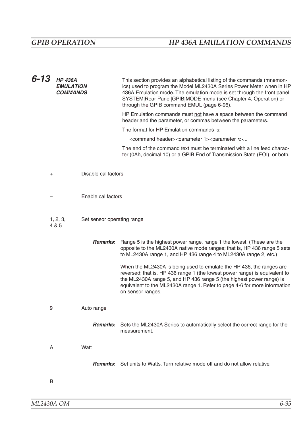 Anritsu ML2430A operation manual HP 436A Emulation Commands, 13HP 436A 