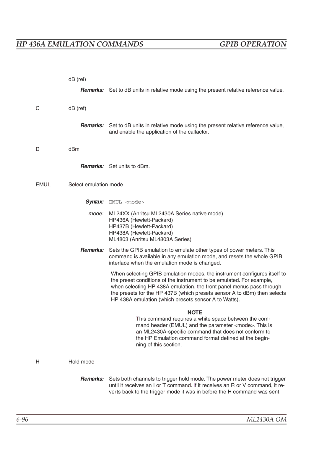 Anritsu ML2430A operation manual HP 436A Emulation Commands, Remarks 