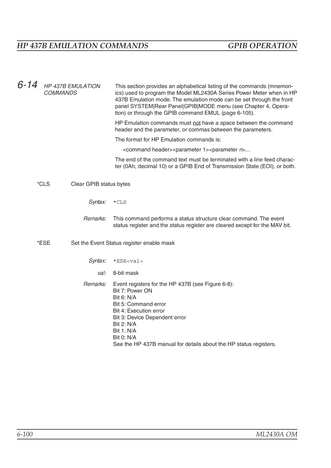 Anritsu ML2430A operation manual HP 437B Emulation Commands, 14HP 437B Emulation 