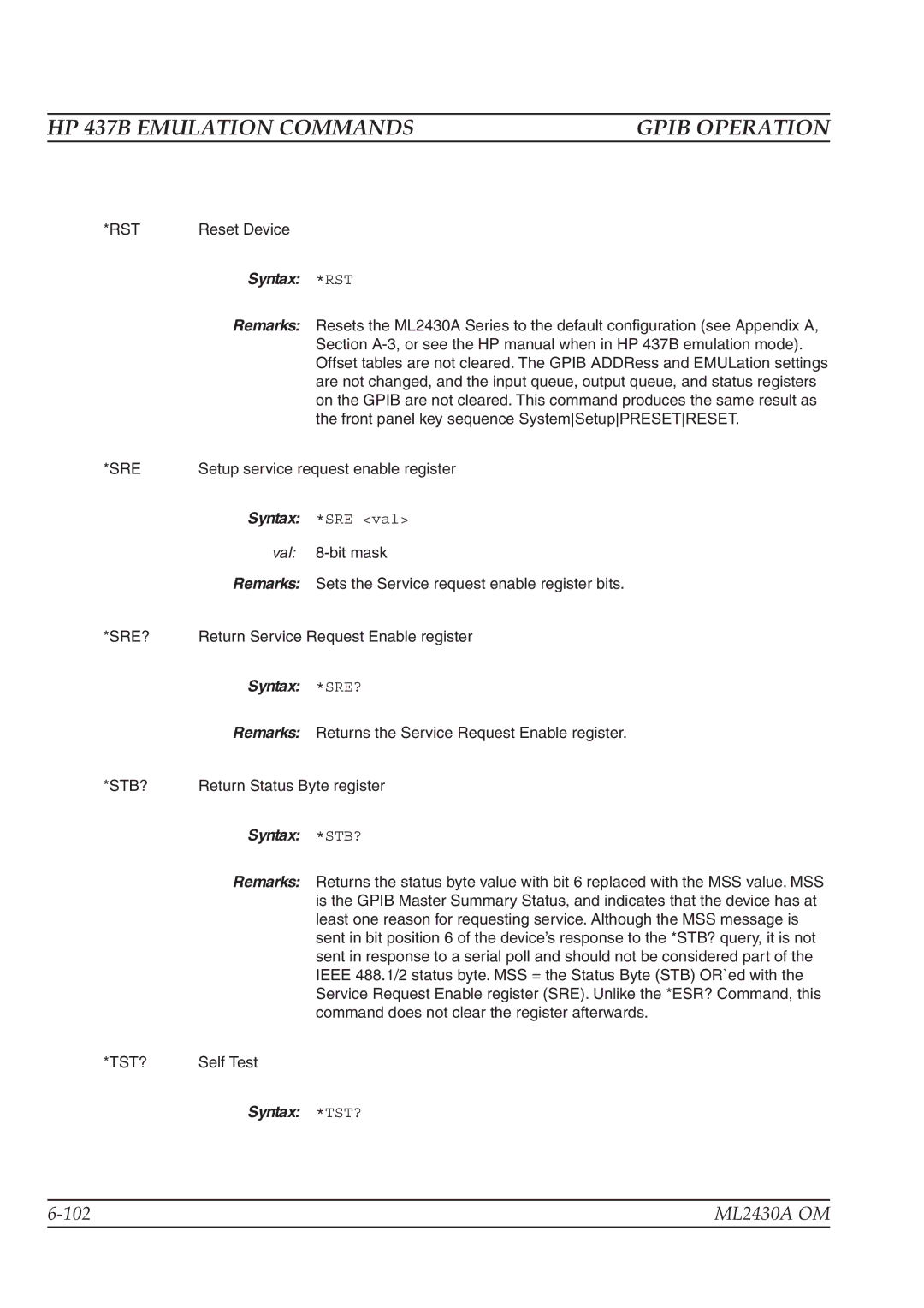 Anritsu ML2430A operation manual Rst, Syntax *TST? 