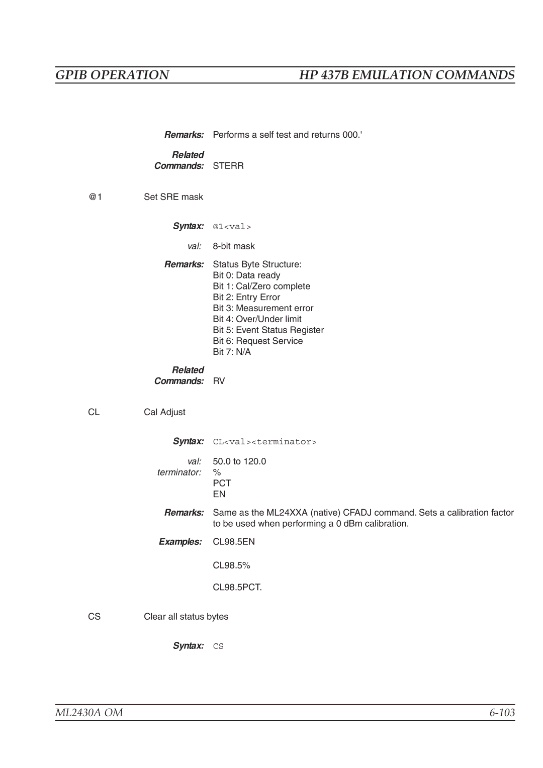 Anritsu ML2430A operation manual Related Commands Sterr, Syntax @1val, Related Commands RV, Examples CL98.5EN, Syntax CS 