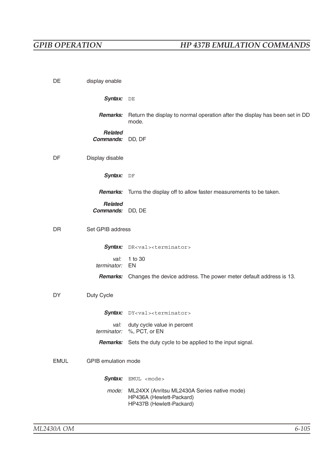 Anritsu ML2430A operation manual Syntax DE, Related Commands DD, DF, Syntax DF, Related Commands DD, DE, Terminator EN 