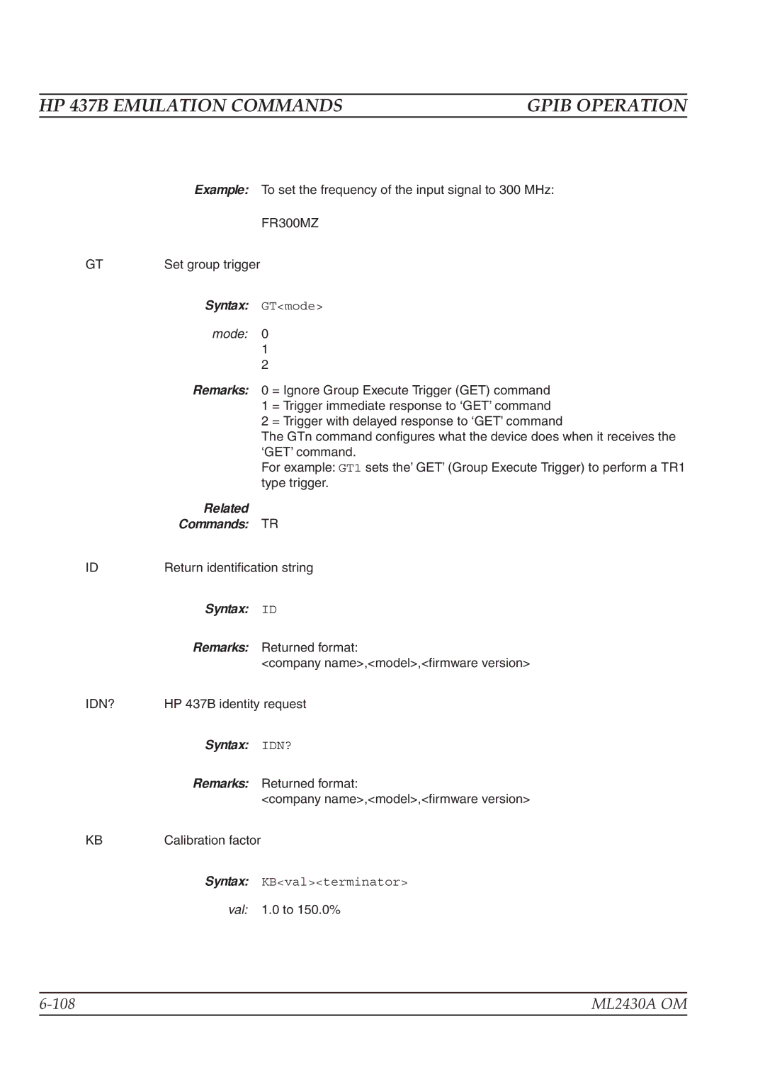 Anritsu ML2430A operation manual Syntax GTmode 