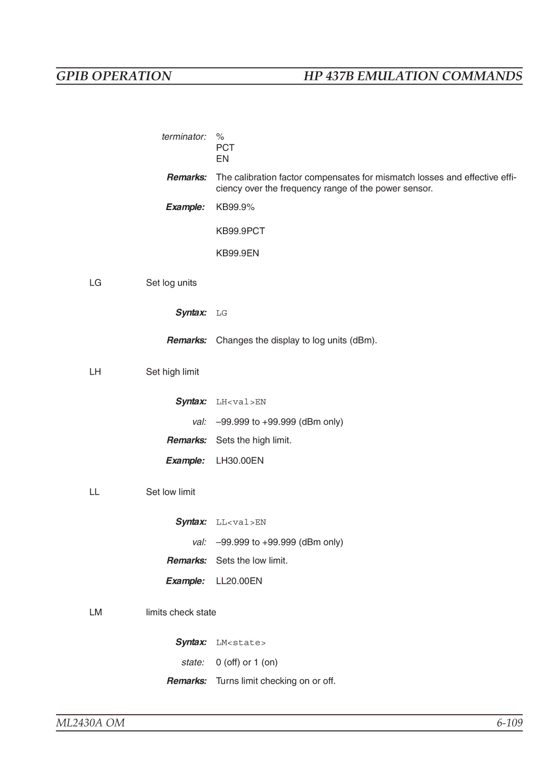 Anritsu ML2430A operation manual Terminator %, Example KB99.9%, Syntax LG, Example LH30.00EN, Example LL20.00EN 