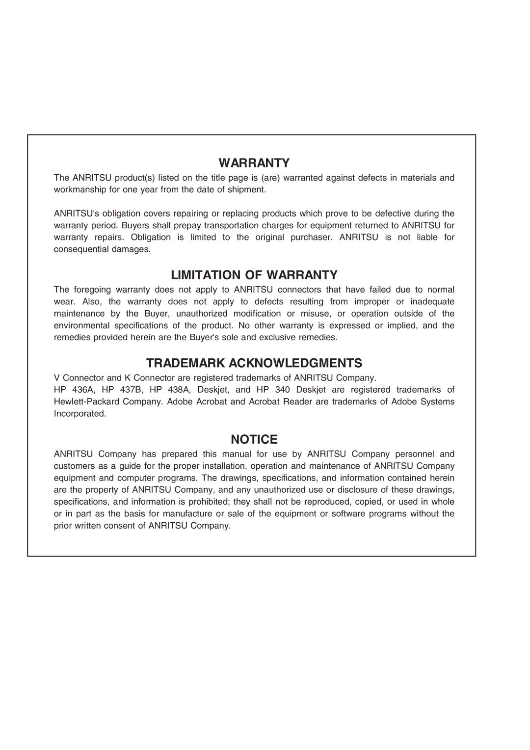 Anritsu ML2430A operation manual Warranty 