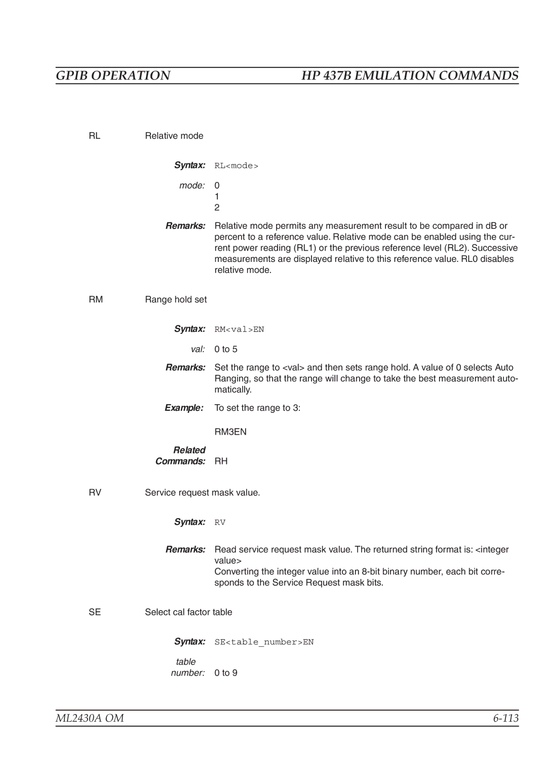 Anritsu ML2430A operation manual Syntax RLmode, Mode 0 1, RM3EN, Related Commands RH, Syntax RV 