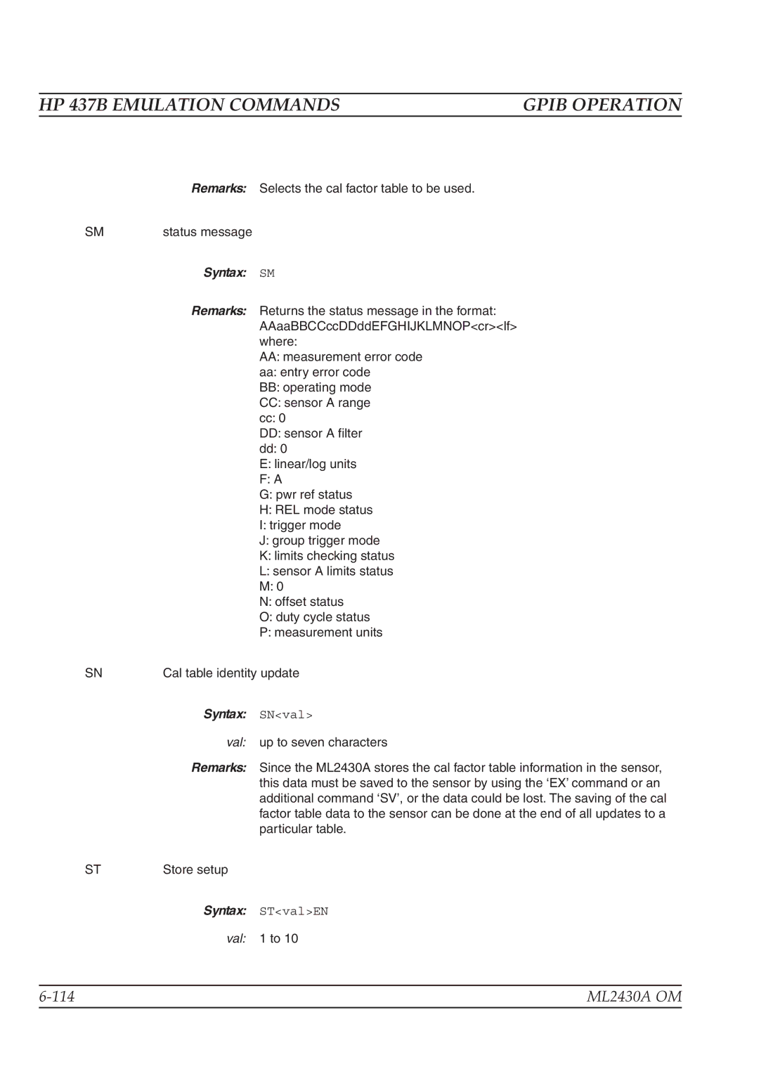 Anritsu ML2430A operation manual Syntax SM, Syntax SNval 