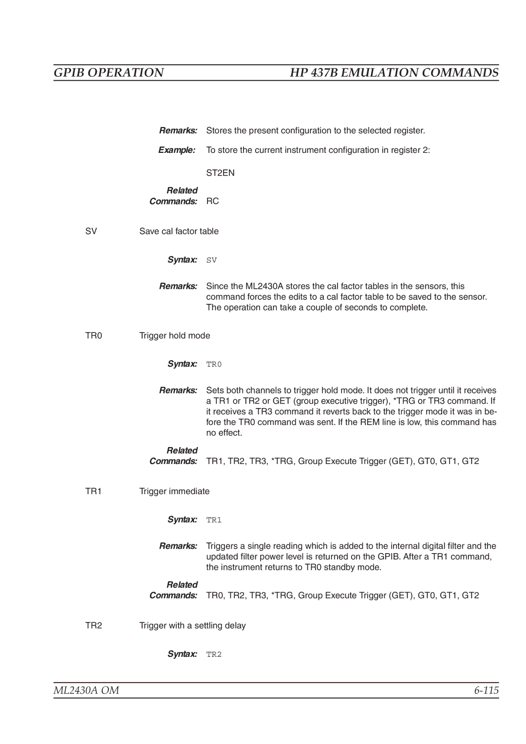 Anritsu ML2430A operation manual ST2EN, Related Commands RC, Syntax SV, Syntax TR1, Syntax TR2 