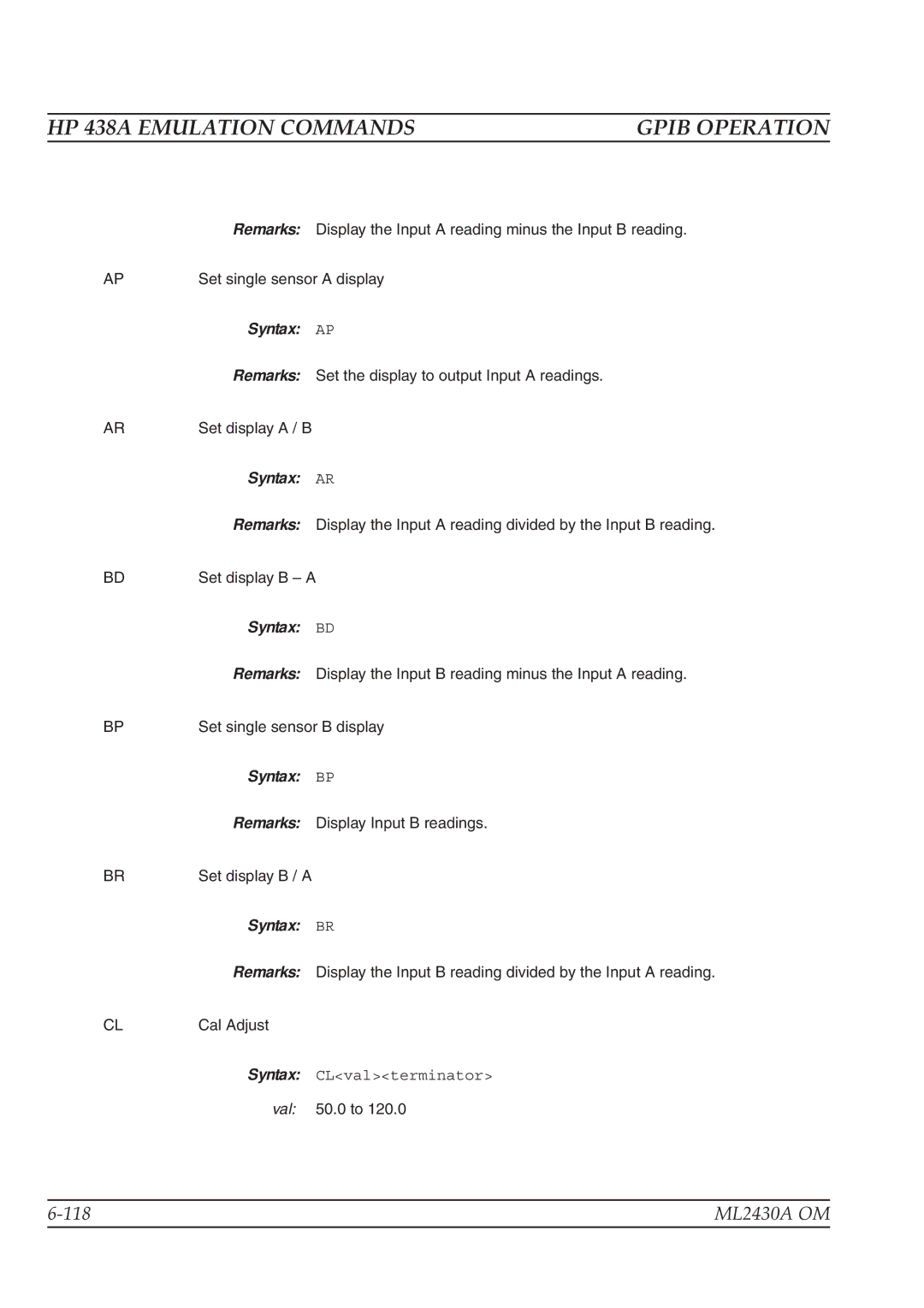 Anritsu ML2430A operation manual HP 438A Emulation Commands, Syntax Remarks 