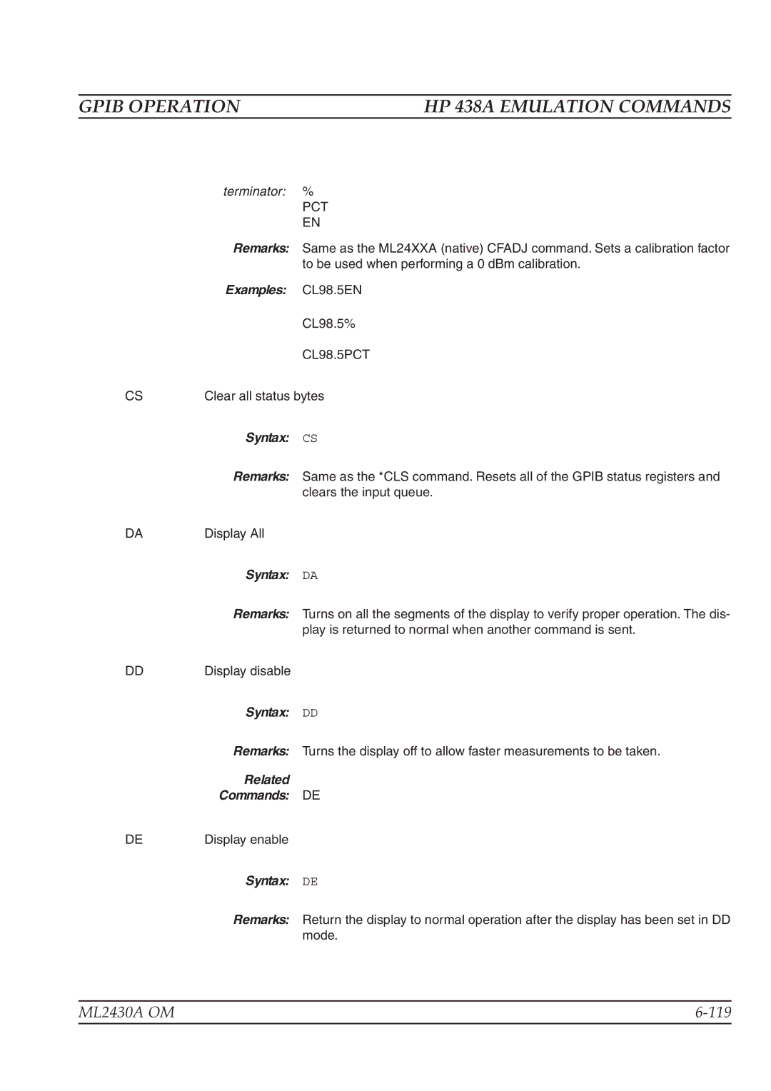 Anritsu ML2430A operation manual CL98.5PCT, Related Commands DE 