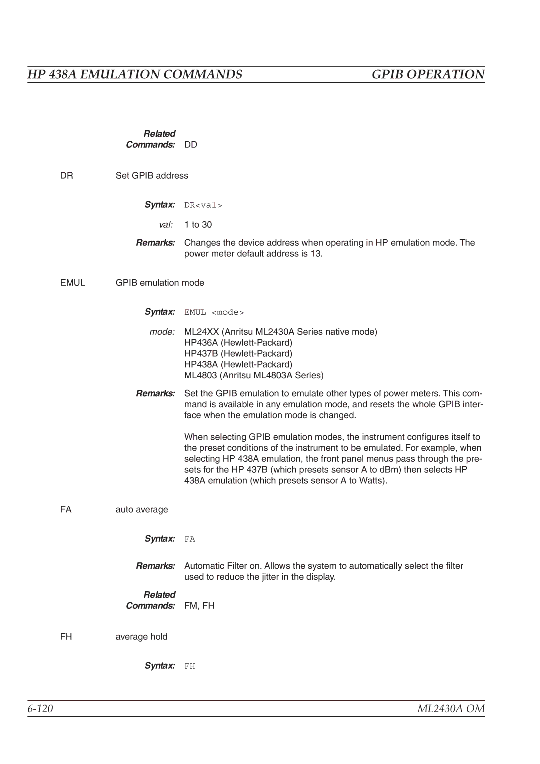 Anritsu ML2430A operation manual Related Commands DD, Syntax DRval 