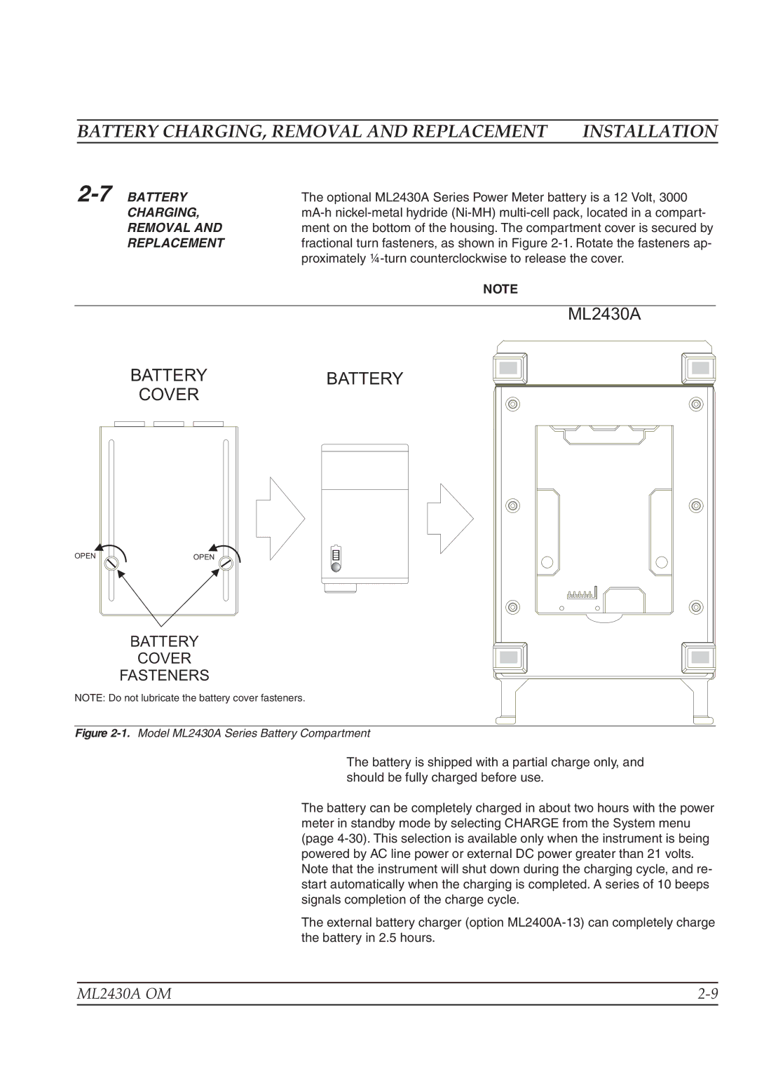 Anritsu ML2430A operation manual Battery CHARGING, Removal and Replacement, 7BATTERY, Charging 