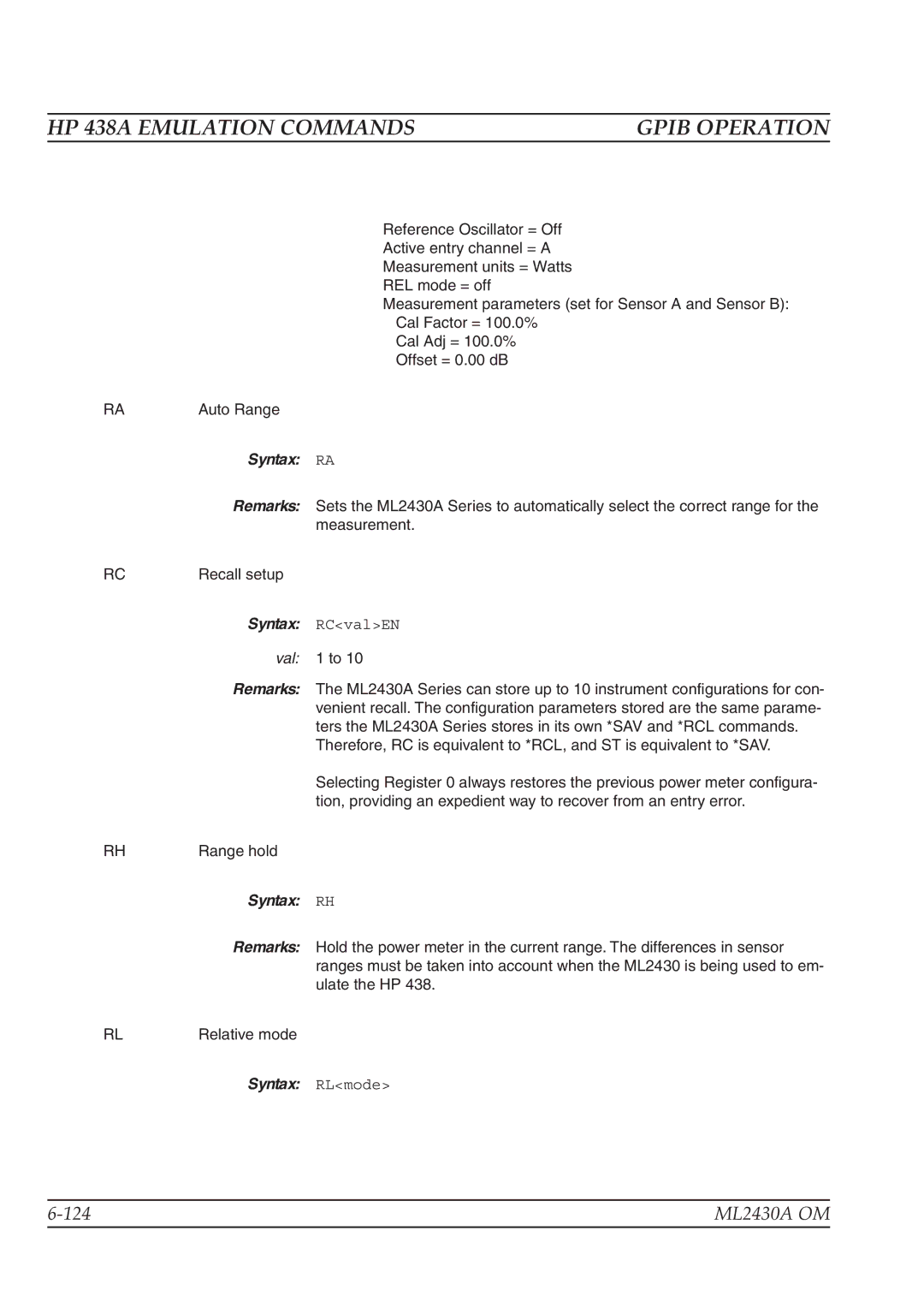 Anritsu ML2430A operation manual Syntax RA, Syntax RH 