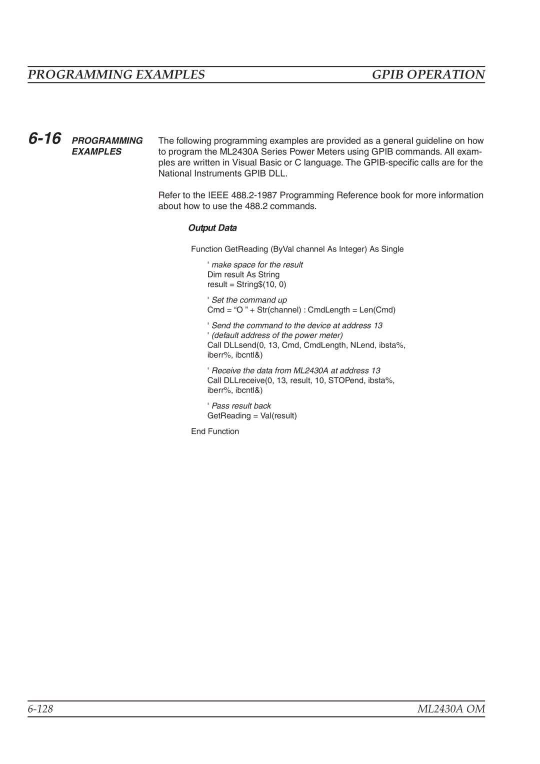 Anritsu ML2430A operation manual Programming Examples, 16PROGRAMMING, Output Data 