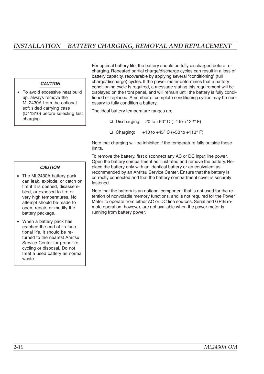 Anritsu ML2430A operation manual Installation Battery CHARGING, Removal and Replacement 