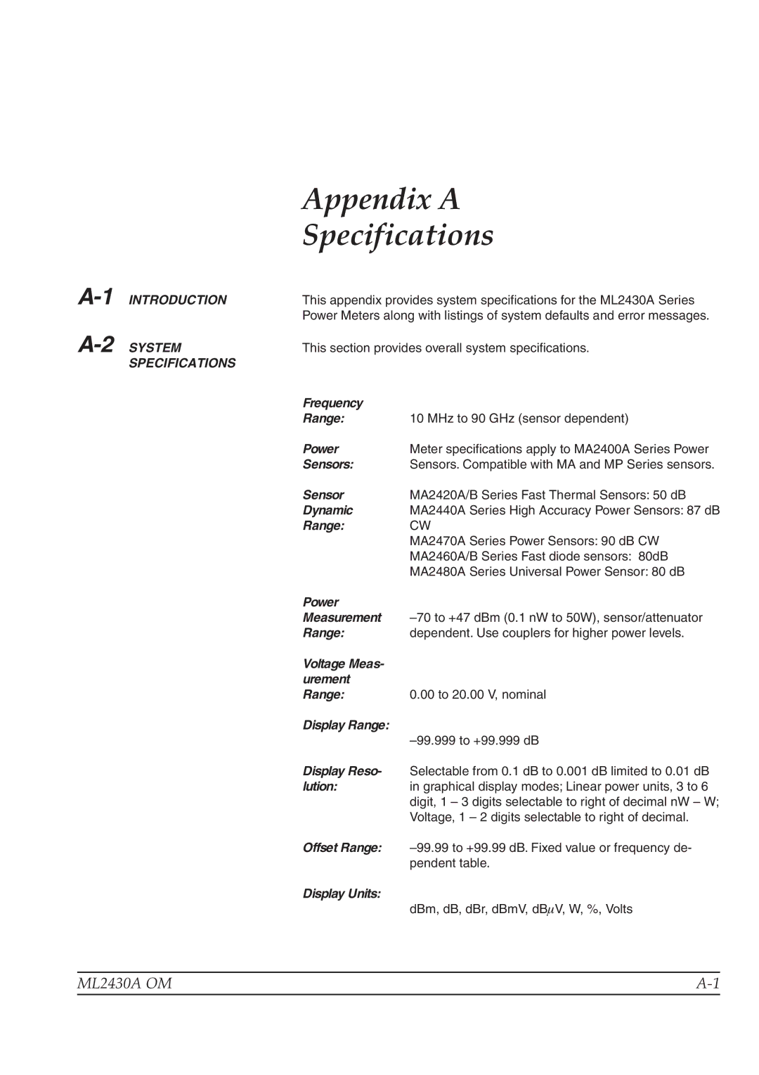 Anritsu ML2430A operation manual System, Specifications 