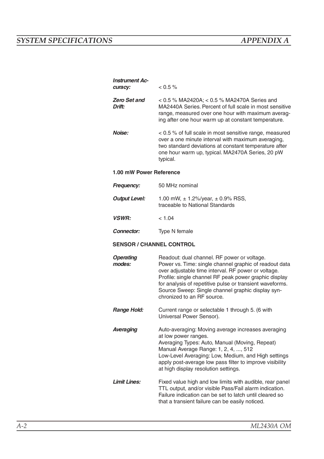 Anritsu ML2430A operation manual System Specifications Appendix a, Vswr 